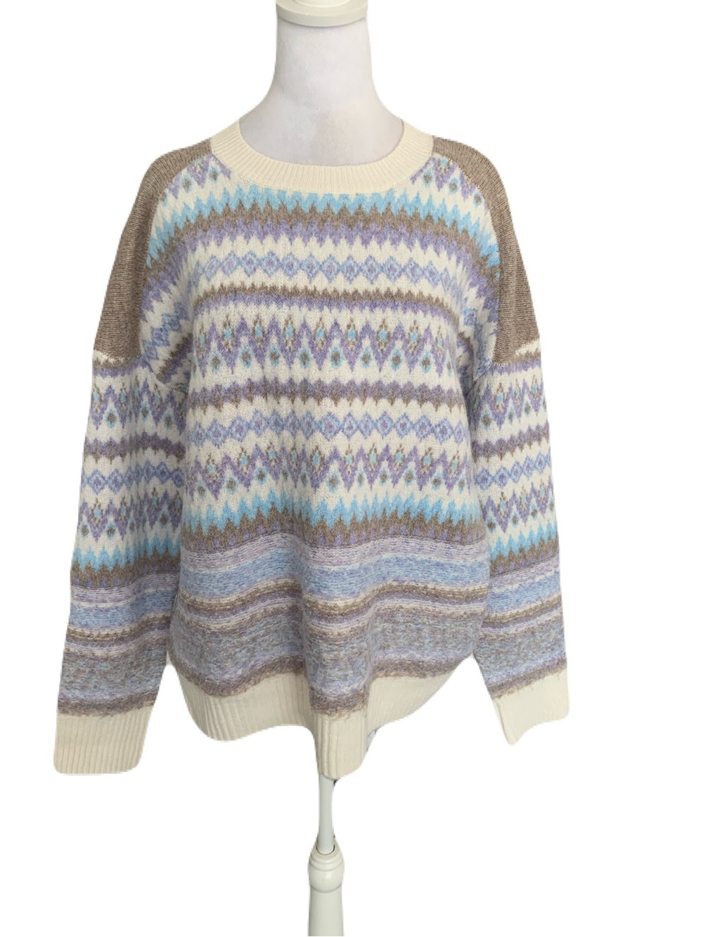 Aspen XL Women’s Cozy Fair Isle Pattern Crewneck Sweater in Cream and Pastels